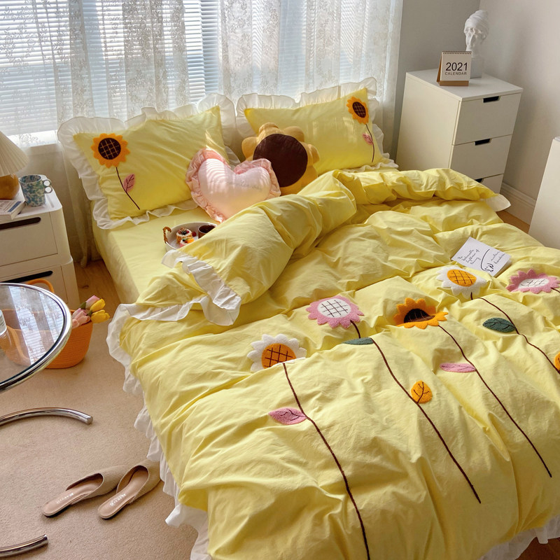 小清新黄色向日葵纯棉水洗棉四件套刺绣全棉少女心公主风床上用品