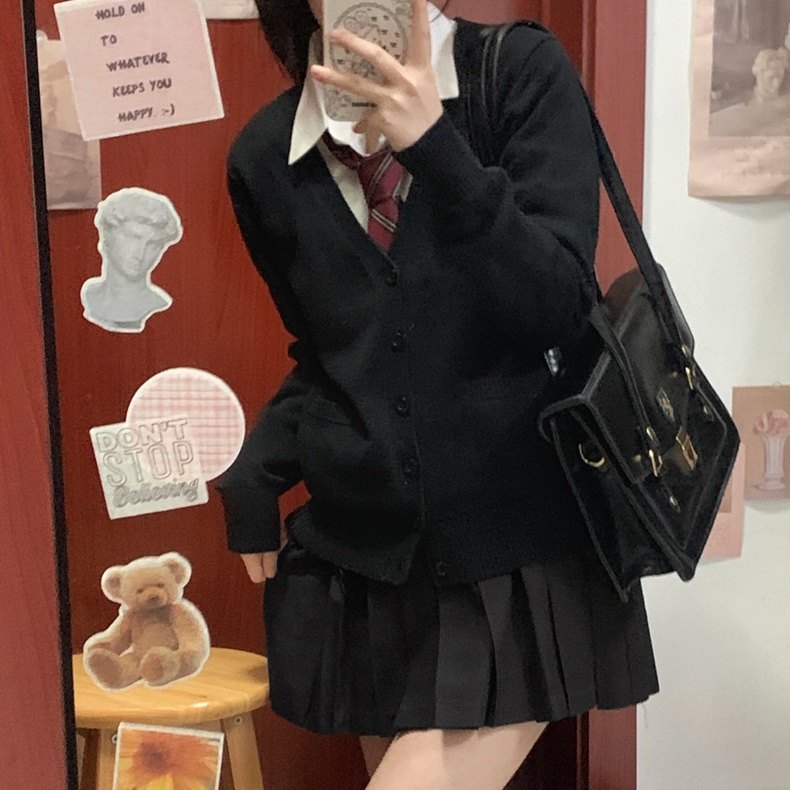 川岛田家秋冬针织衫开衫毛衣外套JK制服叠穿套装校供感韩系穿搭衫