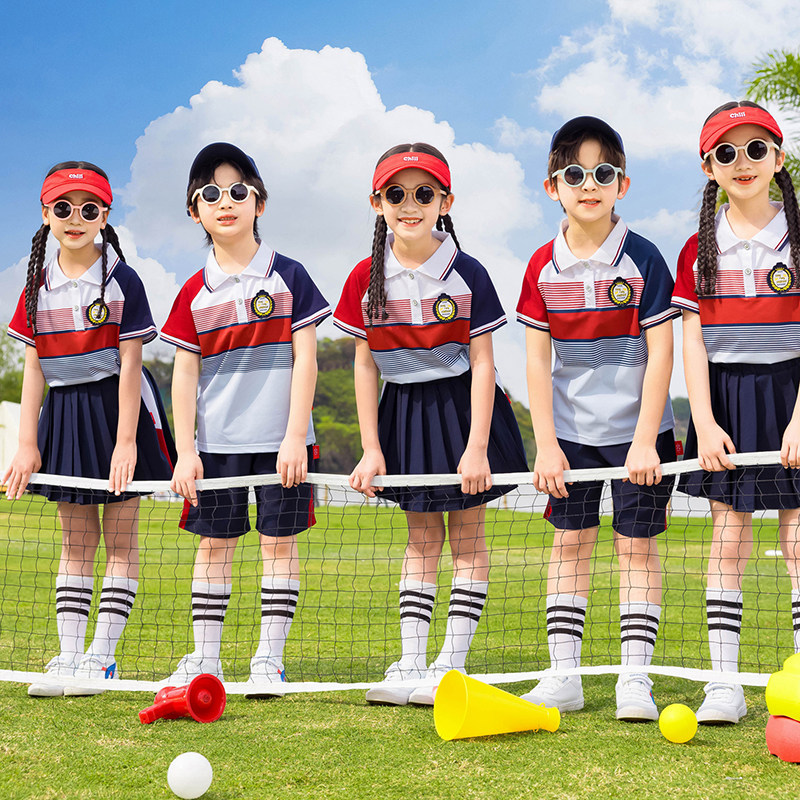 幼儿园班服夏季红色条纹中小学生夏天运动会速干校服球服套装新款