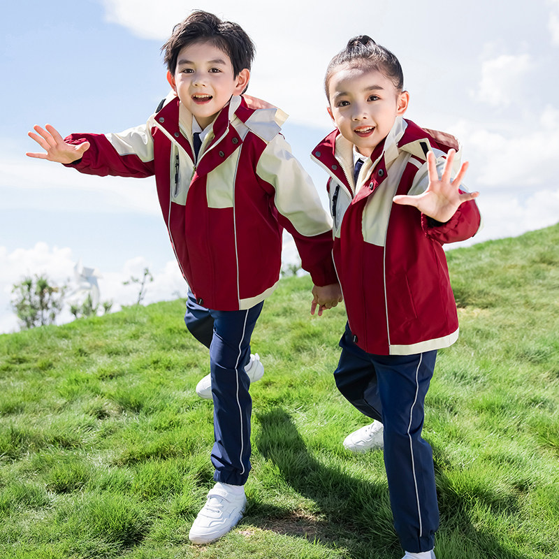 男女儿童秋冬套装小学生校服冲锋衣外套冬季运动会户外枣红色班服