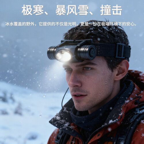 新款近泛光铝合金头灯轻便头灯比出口 长续航户外充电式头灯瀚狐