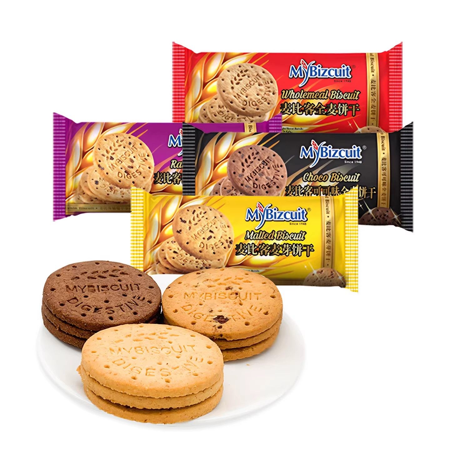马来西亚进口麦比客全麦饼干250g葡萄干可可味粗粮消化代餐零食品