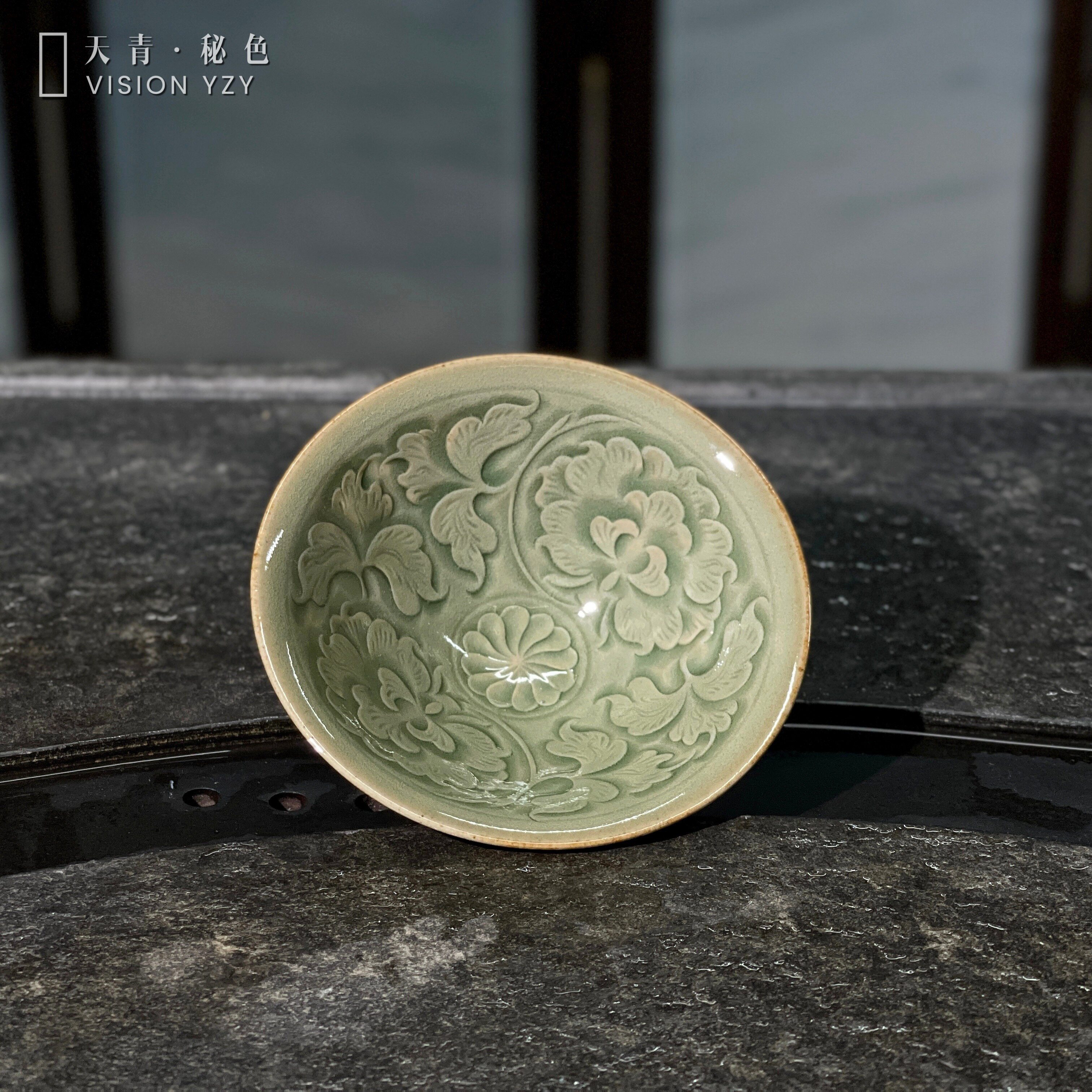 仿宋茶盏碗耀州窑功夫茶具单杯茶杯陶瓷手工刻花满团花斗笠杯70ml