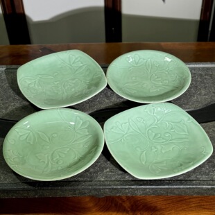 耀州窑天青秘色原矿高温陶瓷餐具浮雕玉兰花纹系列中式餐盘餐碗