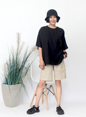 布麻范原创 夏款中式黑色天丝斜襟盘扣宽松罩衫半袖短上衣 看客