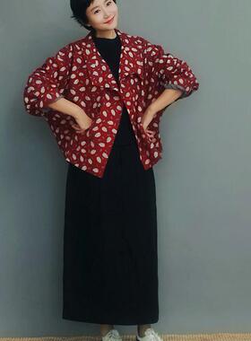 姜欢设计春秋款纯棉印花抓绒宽松短款外套红草莓图案