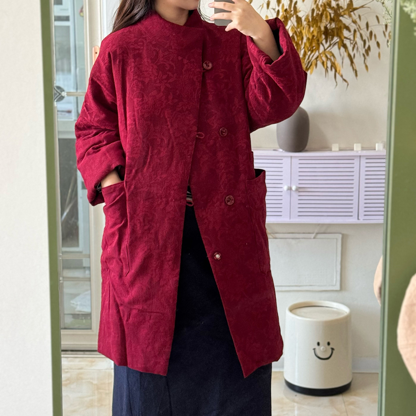 姜欢立领中长款棉服女宽松通勤单排扣百搭外套红色提花