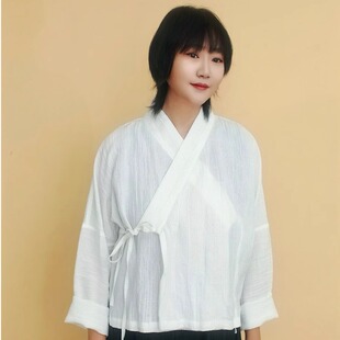 姜欢设计白色丝麻斜襟短衫