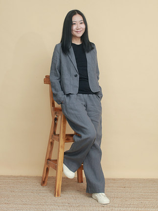 姜欢设计 灰色纯麻短款经典文艺款OL修身小西服外套