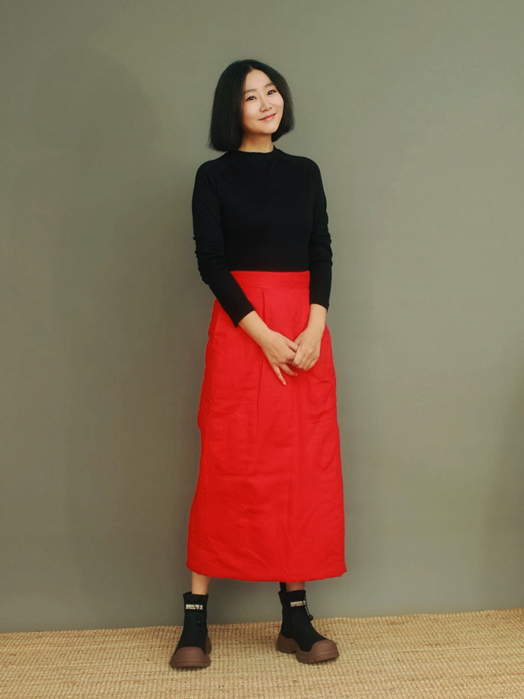 姜欢设计 红色冬款纯麻内夹棉厚实保暖棉半裙长款半身裙
