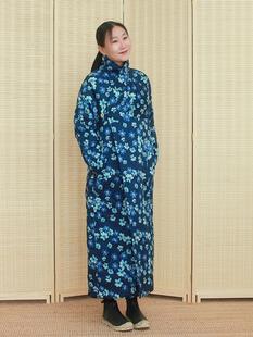 姜欢设计冬款纯棉花色夹棉立领花色斜襟设计加厚长款棉袍