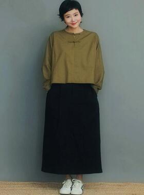 姜欢设计春秋款军绿色棉麻轻中式短款宽松罩衫