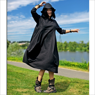 布麻范原创设计 美院派艺术系长袖解构设计感连衣裙短袍 画夕 黑