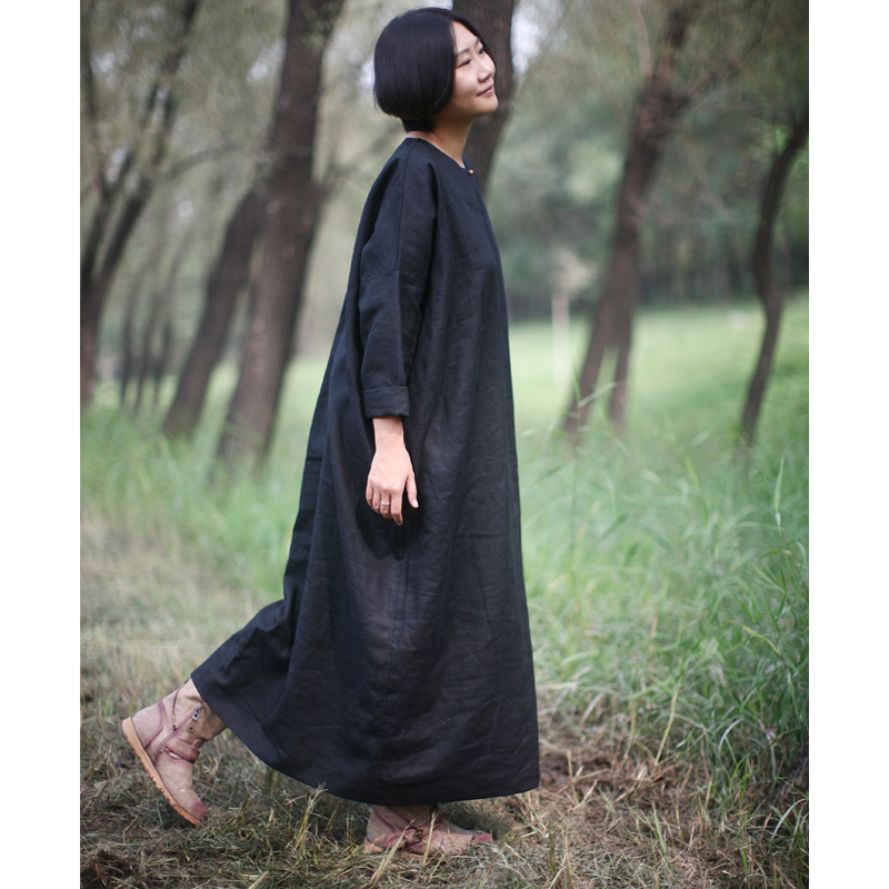 姜欢原创设计美院派艺术系超有气质宽大纯麻厚实大袍子 青鸟 黑