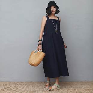 半夏 姜欢J&H原创设计 连衣裙 长款 深蓝 美院派艺术系亚麻背带式