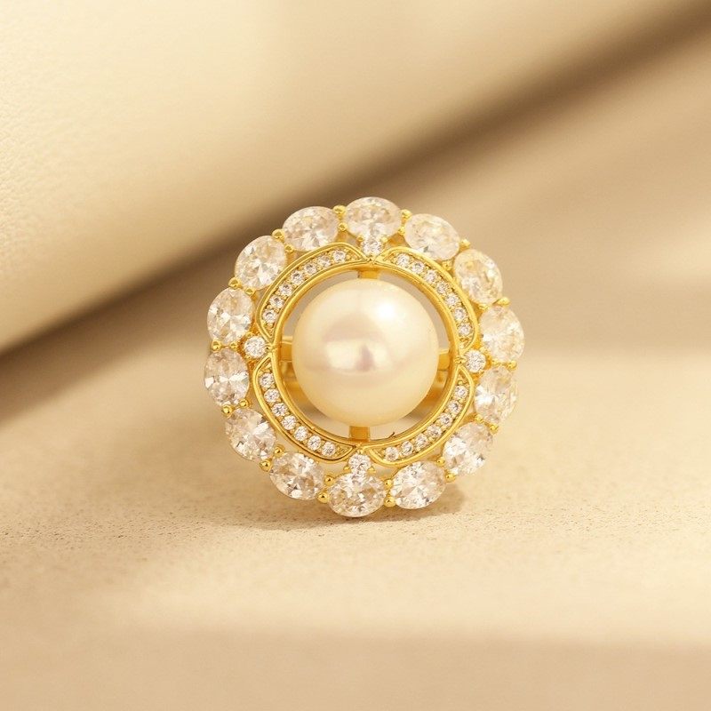 欧美时尚珍珠四叶草戒指微镶锆石天然贝母叶子开口可调节指环女款