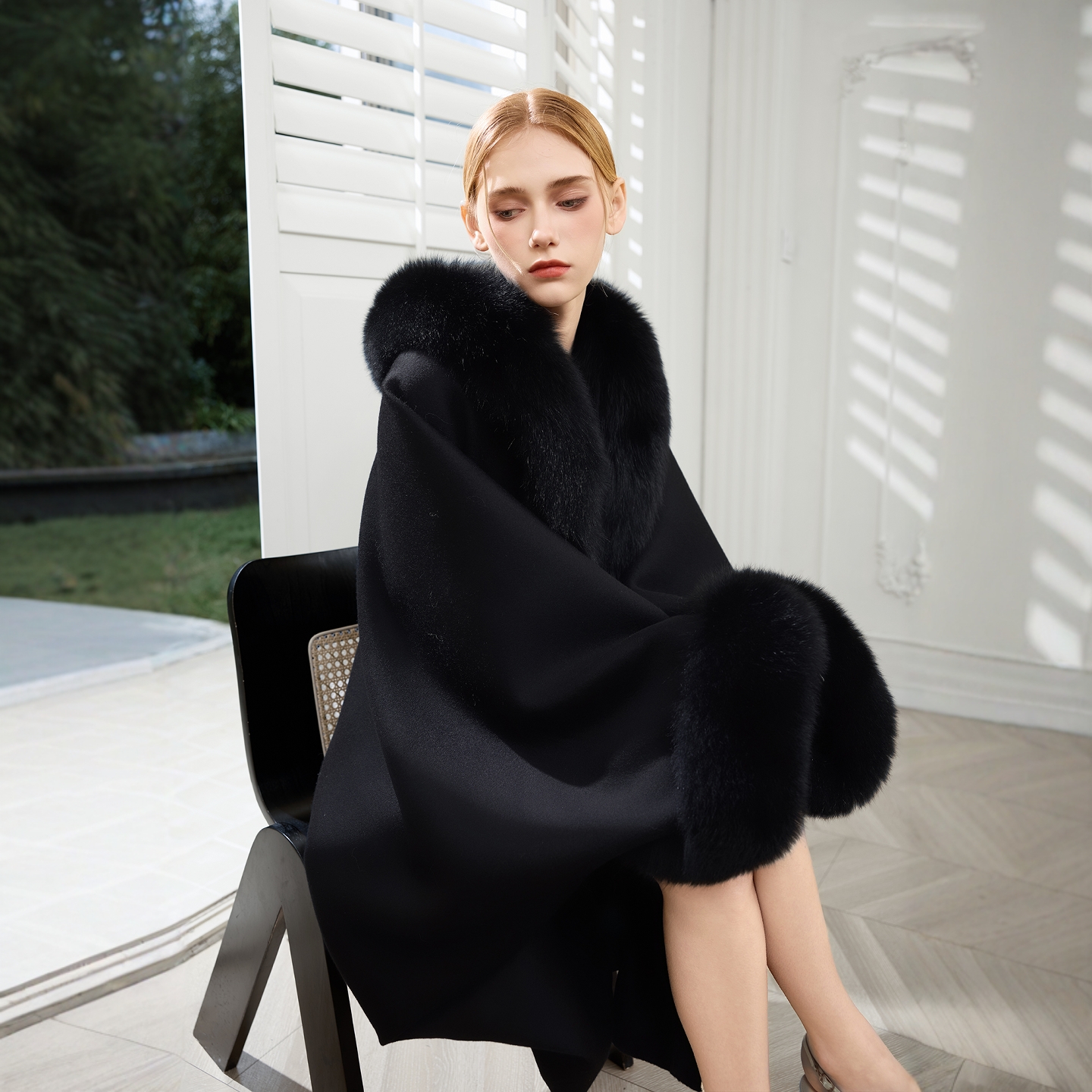 斗篷外套女秋冬狐狸毛蝙蝠袖