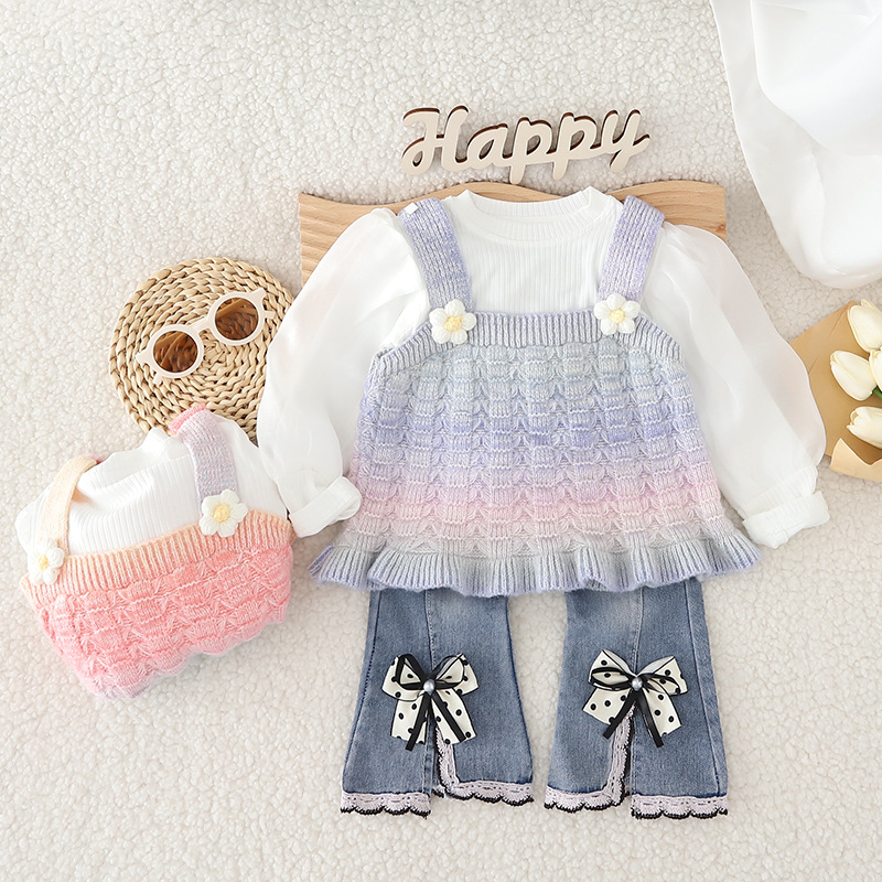 女童童装2024秋季新款洋气彩虹毛衣吊带三件套休闲套装时髦