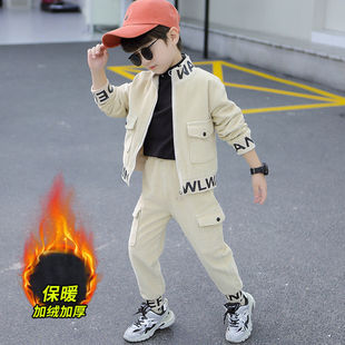 男童米色条纹加绒款秋冬套装2025韩版男孩黑色双层两件套时髦衣裤