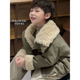男童时尚羊羔毛外套2026秋冬季新款中大童加绒加厚保暖棉服上衣