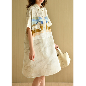 天然出品  休闲缎面Polo领短袖印花连衣裙女夏宽松中长裙QA4308