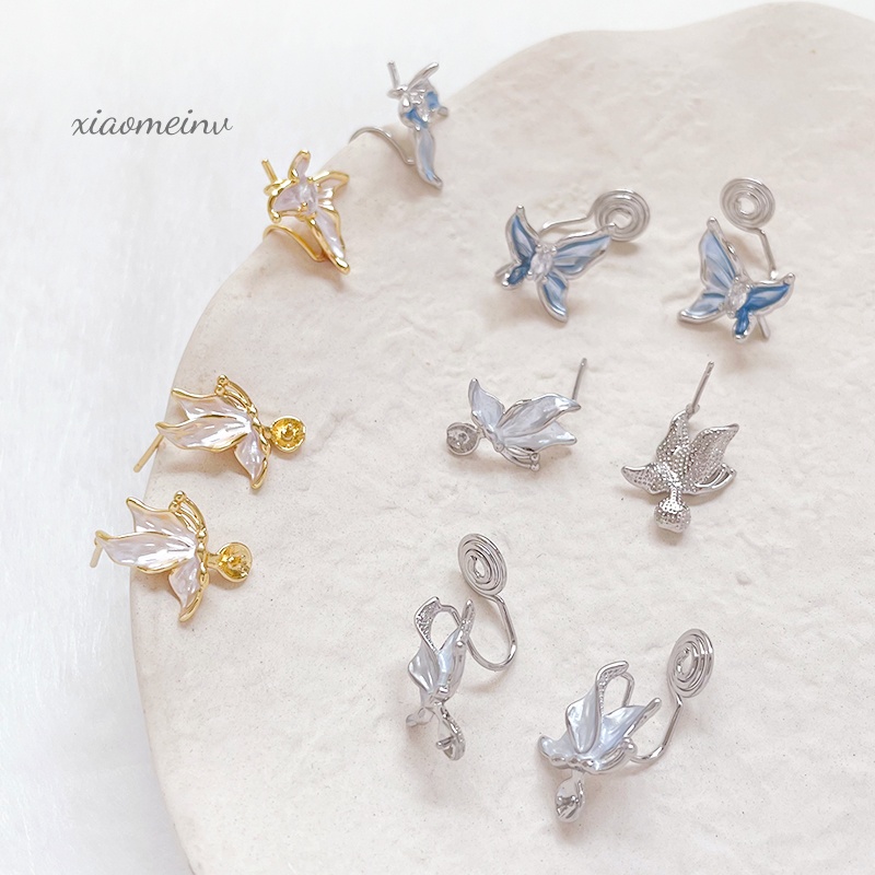 保色镀金 精致轻奢立体感冰碎感冰蓝蝴蝶空托耳钉耳夹DIY手工配件