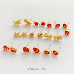 国风古风合金铜钱币带挂蝴蝶结福字吉祥diy手工耳饰耳钉配件饰品