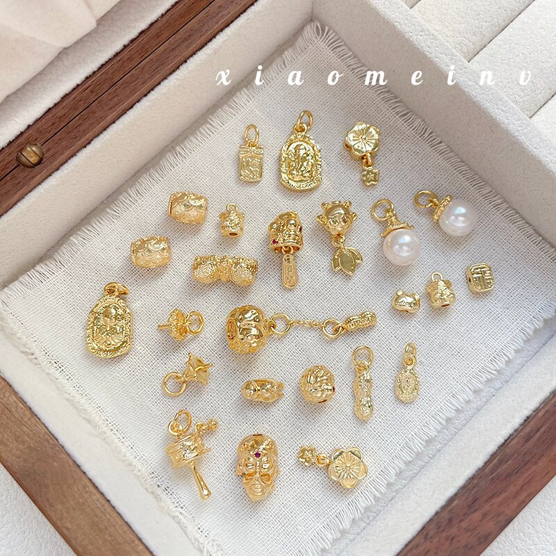 古法金保色铜镀挂件国风饰品珍珠福牌花朵配件diy手链项链隔珠图片