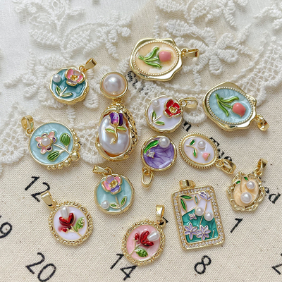 油画风18k铜包金巴洛克珍珠花朵吊坠diy项链项坠滴釉款挂坠