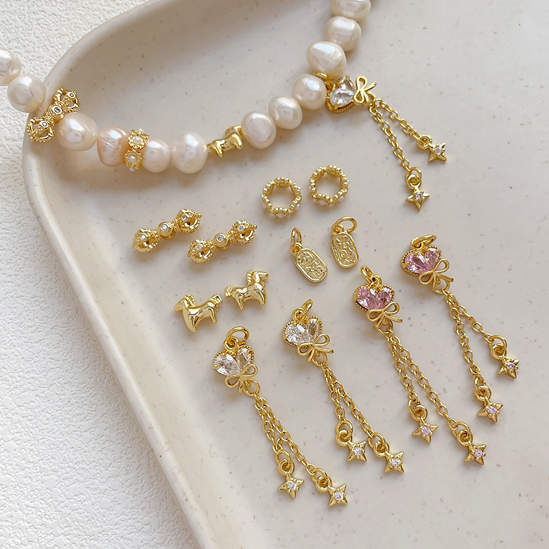 铜镀真金24k镶锆珍珠镂空隔珠流苏链挂饰项链吊饰diy手工串珠配件