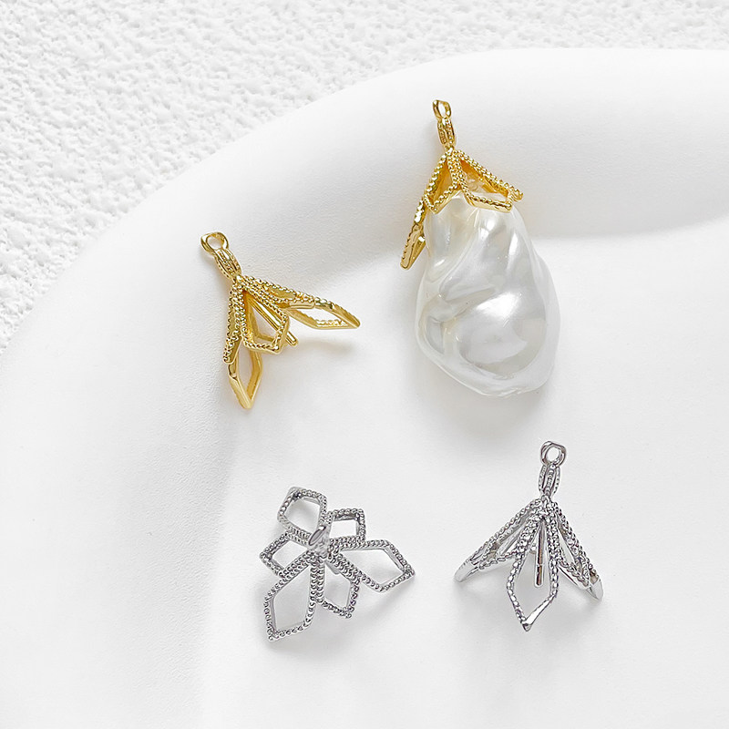 铜镀真金18k镂空喇叭花珍珠托吊坠坠头diy手作手链项链串珠配件