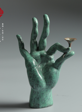 四喜器物国风禅意佛手香插文房摆件原创艺术品纯铜绿色