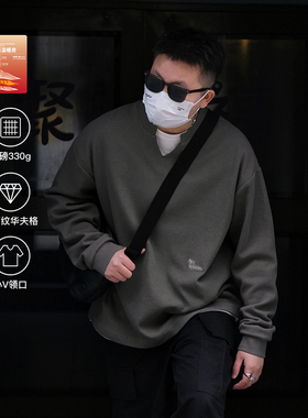 TINGO2025新款春季男士薄款长袖t恤V领钻石纹华夫格宽松潮牌美式