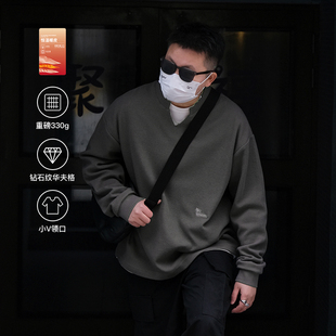 春季 t恤V领钻石纹华夫格宽松潮牌美式 男士 长袖 薄款 TINGO2026新款