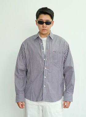 TINGOPLANET2024秋冬新款男士纯棉条纹长袖衬衫外套宽松休闲潮牌