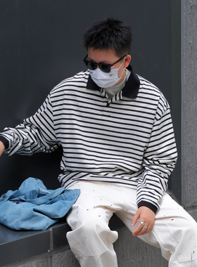 TINGOPLANET2025秋冬新款男士长袖t恤条纹polo衫宽松美式潮牌