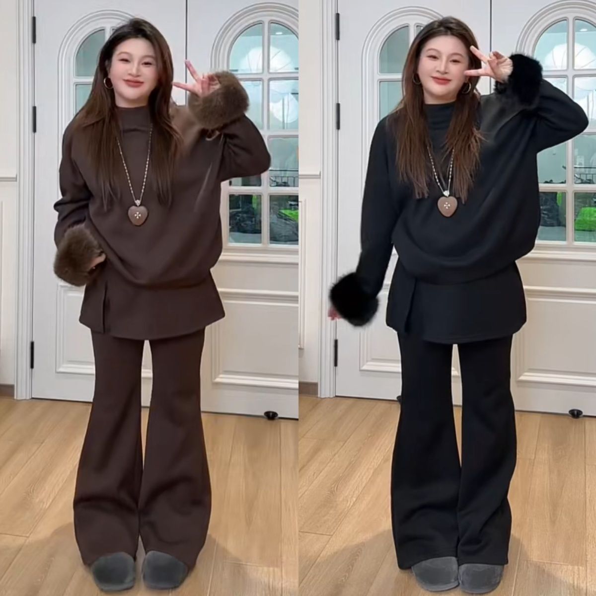 小众设计感休闲加绒可拆卸毛袖2025冬加厚上衣屁帘微喇长裤两件套