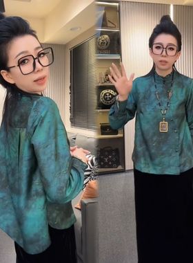 国风盘扣衬衫女2025秋冬款气质减龄高档复古绿色斜襟立领长袖上衣