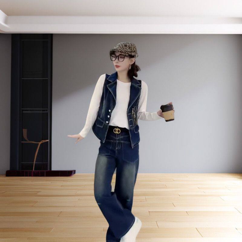 时尚牛仔套装女2026春秋新款洋气显瘦减龄马甲阔腿裤打底衫三套装