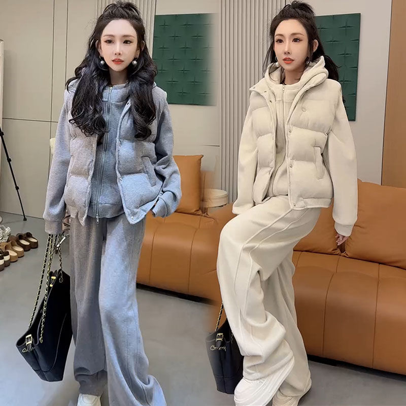 休闲运动套装女秋冬新款韩版洋气显瘦棉马甲连帽卫衣长裤三件套潮