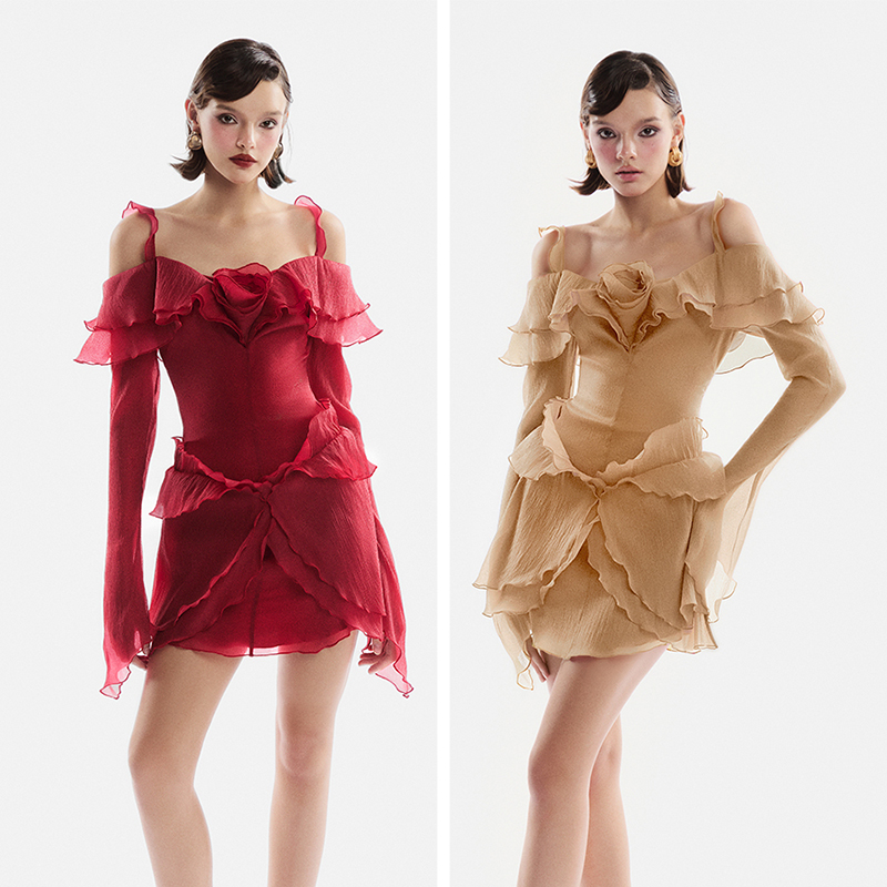 越南小众MUSTHAVE 2024秋季新款迷人魅力荷叶边花朵收腰连衣裙