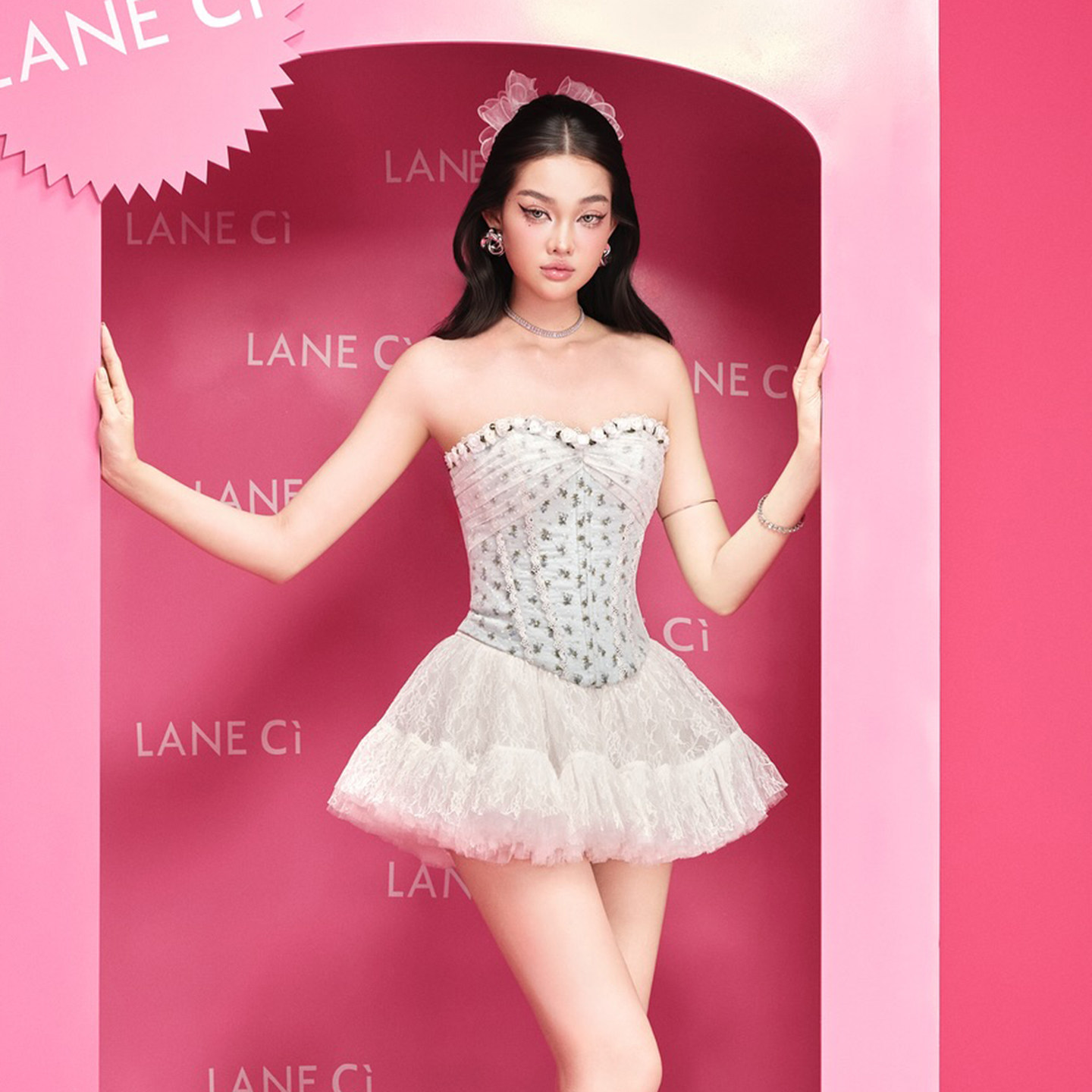 越南小众品牌LANECI 2026年春季新款清新薄荷绿碎花抹胸蛋糕裙