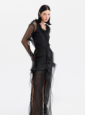 越南小众MUSTHAVE 2024年夏季新款黑色流苏纹理高腰透视套装裙