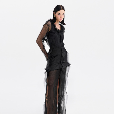 越南小众MUSTHAVE 2026年夏季新款黑色流苏纹理高腰透视套装裙