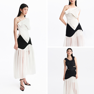越南小众MUSTHAVE 2026年夏季新款不规则单肩吊带撞色套装裙