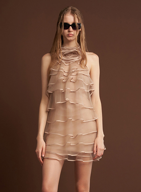 越南小众品牌DATT 2024秋季新款温柔杏色层次感荷叶边无袖连衣裙