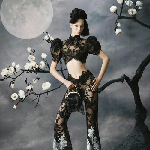 越南小众品牌GLAMDOLL 2026年夏季新款重工华丽黑白蕾丝套装