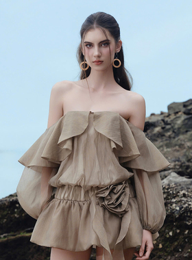 越南小众DARLING DIVA 2025年春季新款法式松弛感奶茶色度假裙