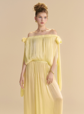 越南小众LINH PHUNG 2025年秋季新款南法柠檬黄垂感一字肩长裙