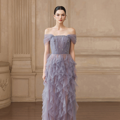 越南JOSEPHINE 2025年夏季新款魅力蓝紫色水钻抹胸长裙